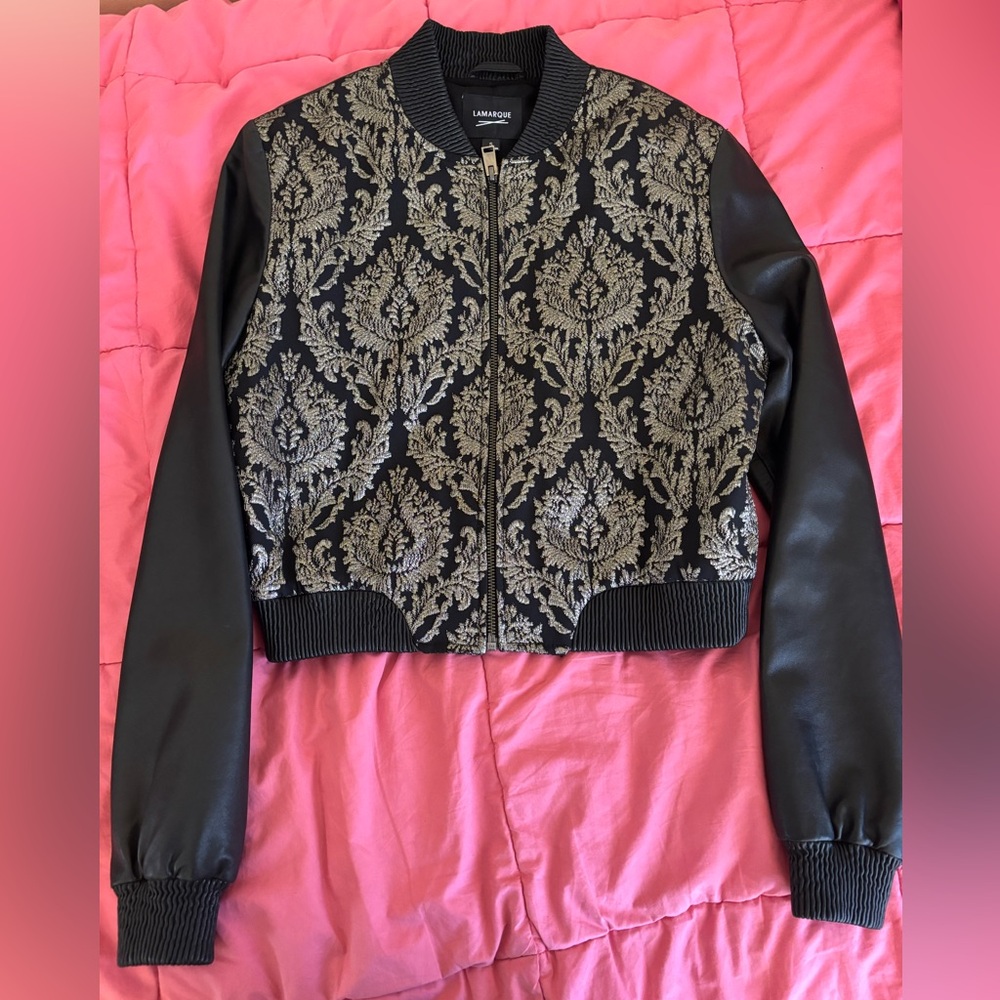 Lamarque Leather Black and Gold Bomber Jacket